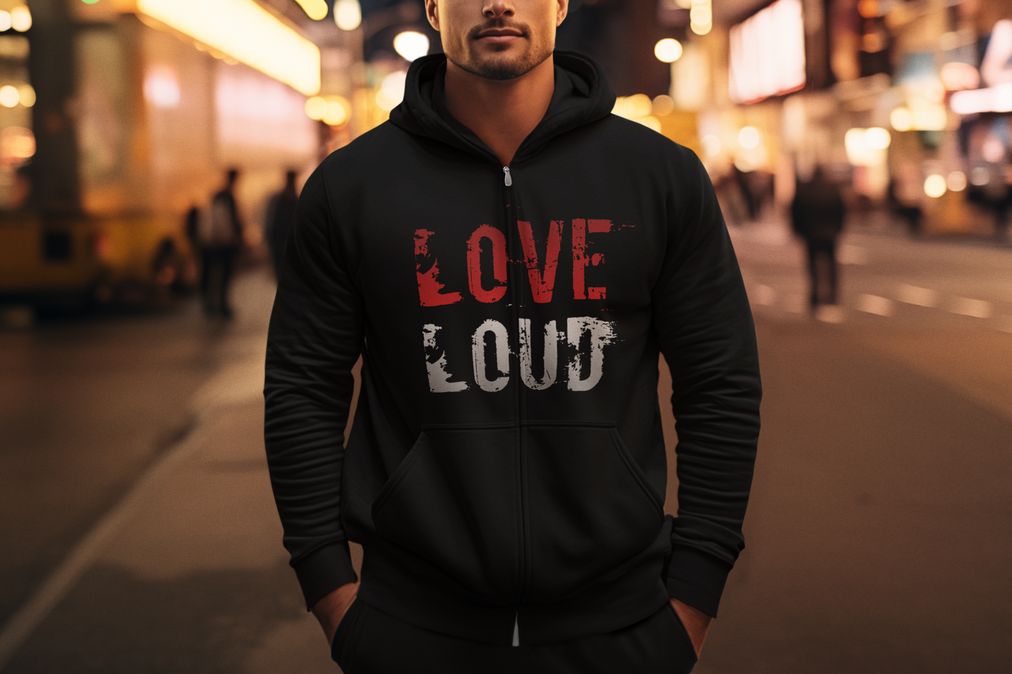 Love Loud Zip Hoodie — "Silence hate. Spread love." Full-Zip Sweatshirt